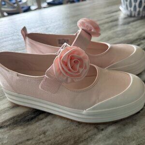 Women's Keds Mary-Jane Style satin platform sneaker with removable rosette